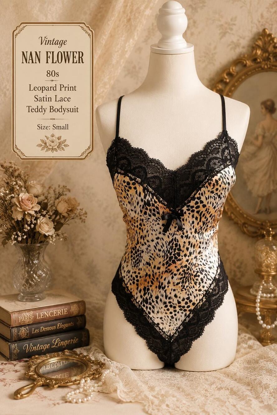 Vintage Nan Flower 80s Leopard Print Satin Lace Teddy Bodysuit Small